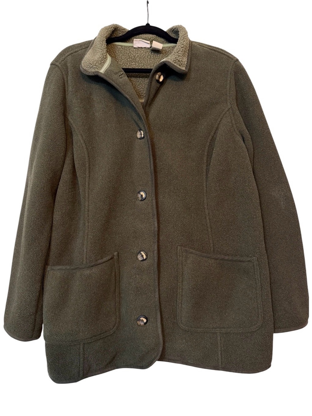 LL Bean Fleece Chore Coat Large Olive Green Coatigan Pockets Outdoor Barn Jacket